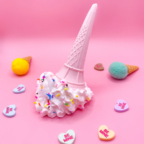 Whimsical Vanilla Ice Cream Ornament With Sprinkles (pink cone)
