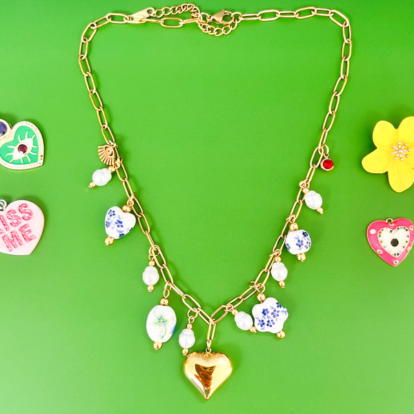 Blue, White & Gold Charm Necklace