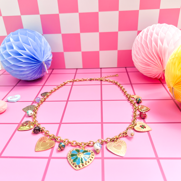 Gold Heart Charm Necklace – Enamel & Ceramic Accents