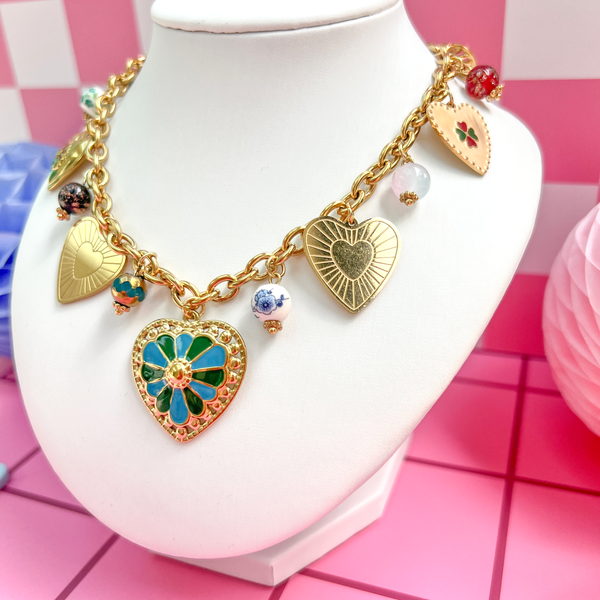 Gold Heart Charm Necklace – Enamel & Ceramic Accents