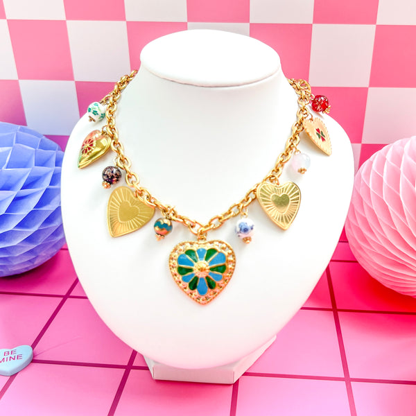 Gold Heart Charm Necklace – Enamel & Ceramic Accents