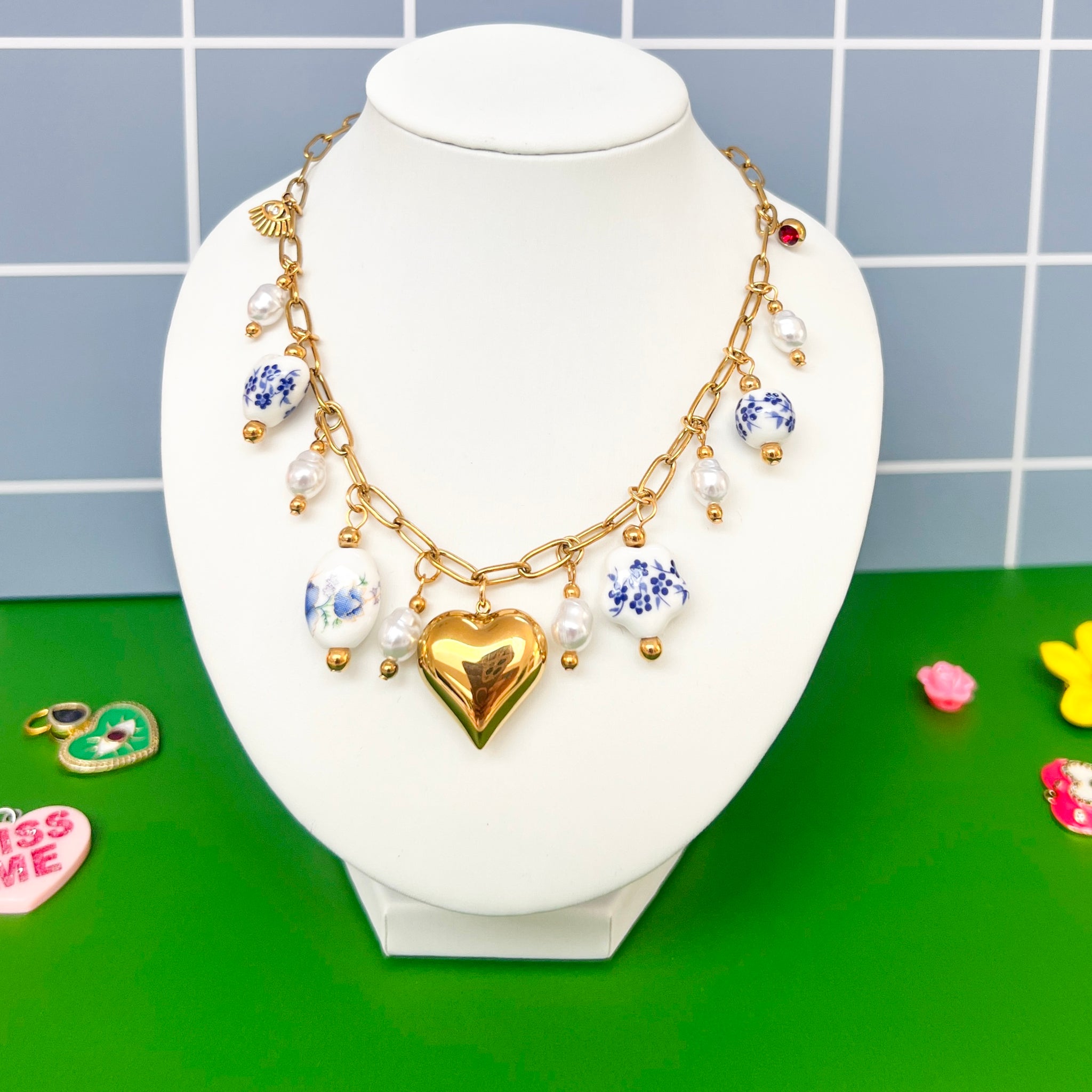Blue, White & Gold Charm Necklace
