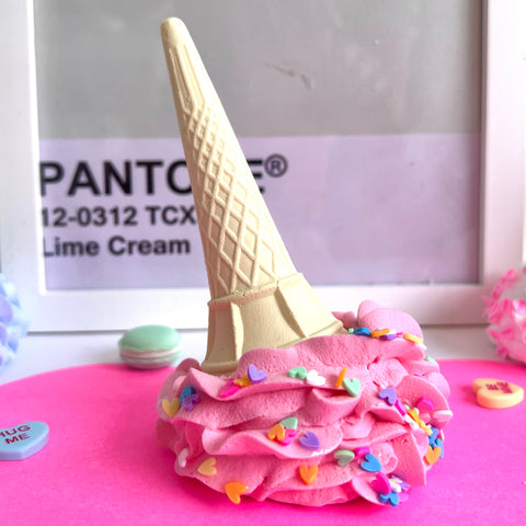 Whimsical Strawberry Ice Cream Ornament With Pastel Hearts (Natural cone)