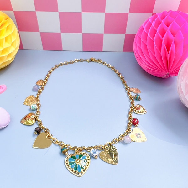 Gold Heart Charm Necklace – Enamel & Ceramic Accents