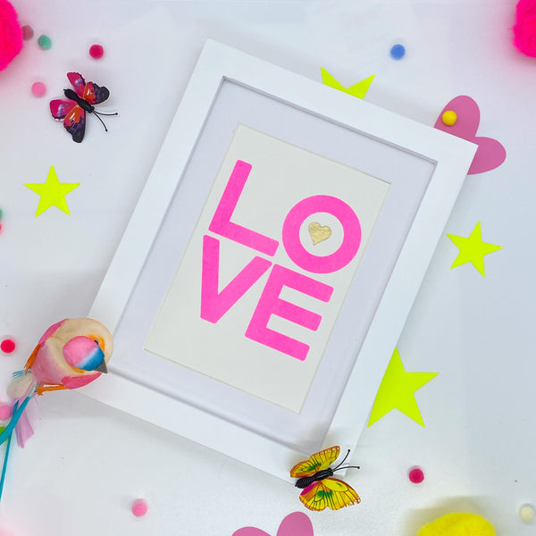 Small Pink Neon LOVE - White Frame