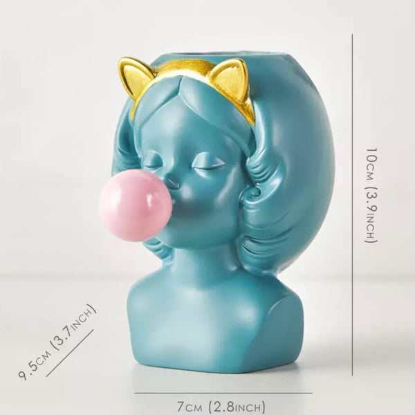Mini Blue Cat Girl Vase with Pink Bubble Gum