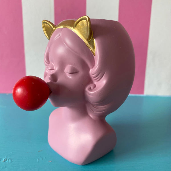 Mini Pink Cat Girl Vase with Red Bubble Gum
