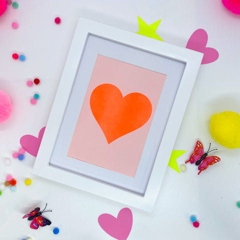 Small Orange Neon Heart on Blush - White Frame