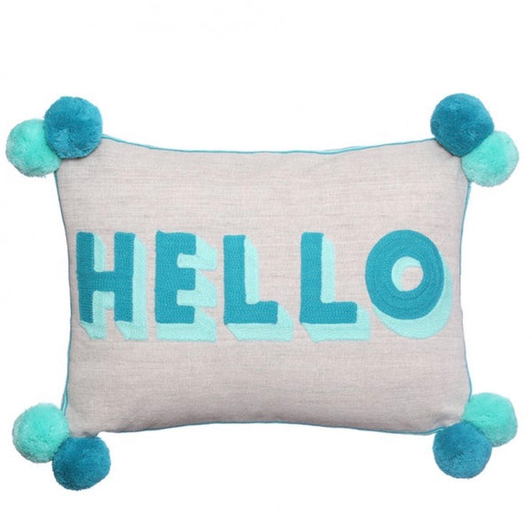 Hello Embroidered Cushion on Linen Turquoise/Teal