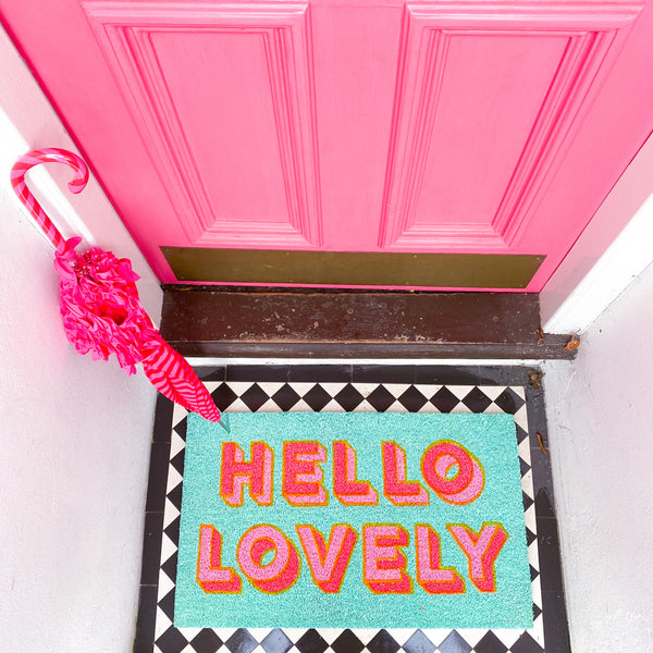 Hello Lovely Doormat Mint & Pink