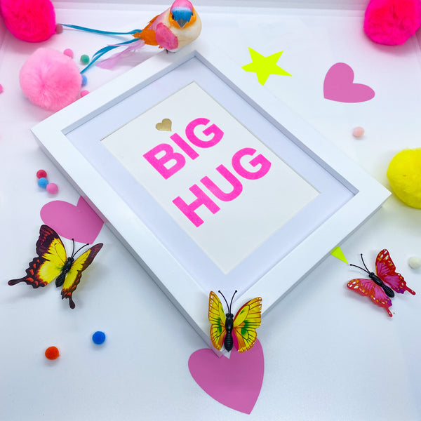 Small Pink Neon BIG HUG - White Frame