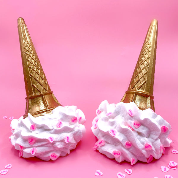 Whimsical Vanilla Ice Cream Ornament With Pink Love Hearts (Gold Cone)