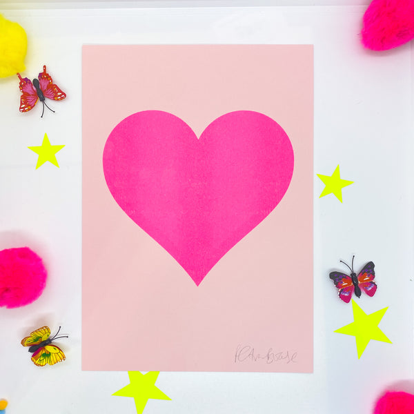 Pink Neon Heart on Blush Print A4