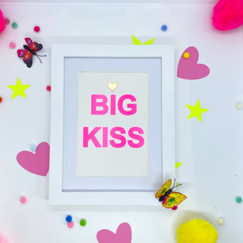 Small Pink Neon BIG KISS - White Frame