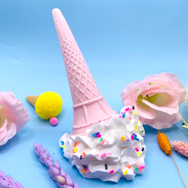 Whimsical Vanilla Ice Cream Ornament With Sprinkles (pink cone)