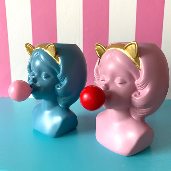 Mini Blue Cat Girl Vase with Pink Bubble Gum