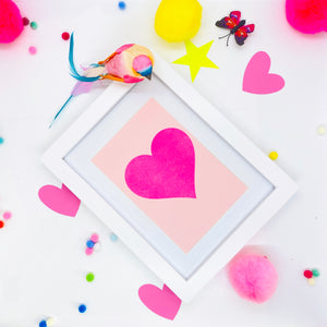 Small Pink Neon Heart on Blush - White Frame