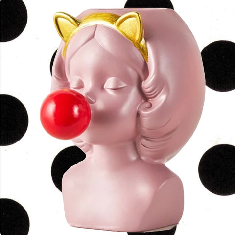 Mini Pink Cat Girl Vase with Red Bubble Gum